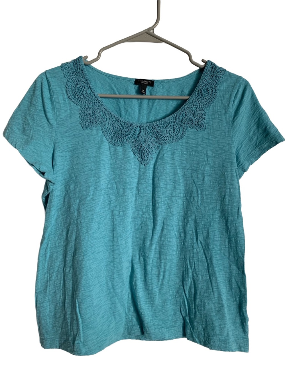 TALBOTS Women’s Blue Cap Sleeve Lace Neck Cotton Slub Tee Shirt